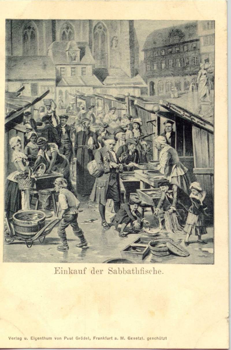 "A szombati hal megvásárlása" Képeslap a 20. század elejéről, Frankfurtból @Magyar Zsidó Múzeum és Levéltár