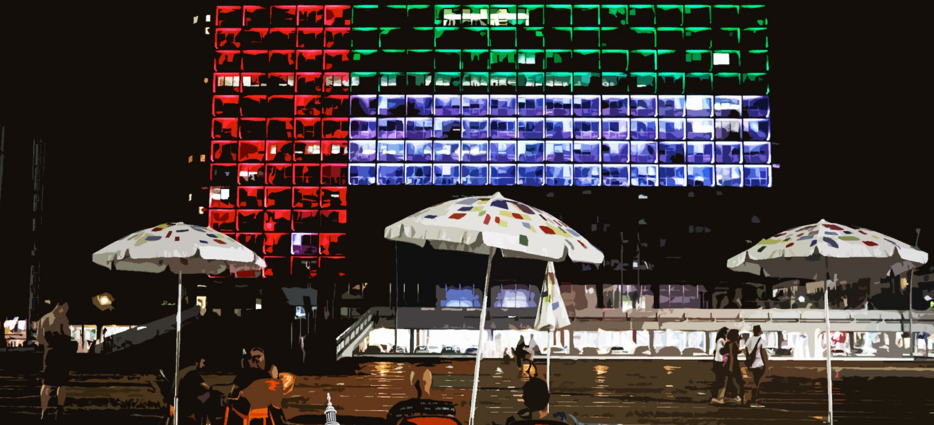 Az Egyesült Arab Emírségek zászlójával van kivilágítva a Tel Avivi Városháza épülete